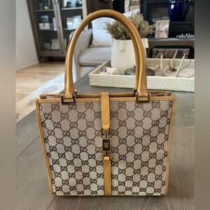 Gucci Jackie Bag - Tan/Brown/Gold Hardware on GG Canvas and Leather